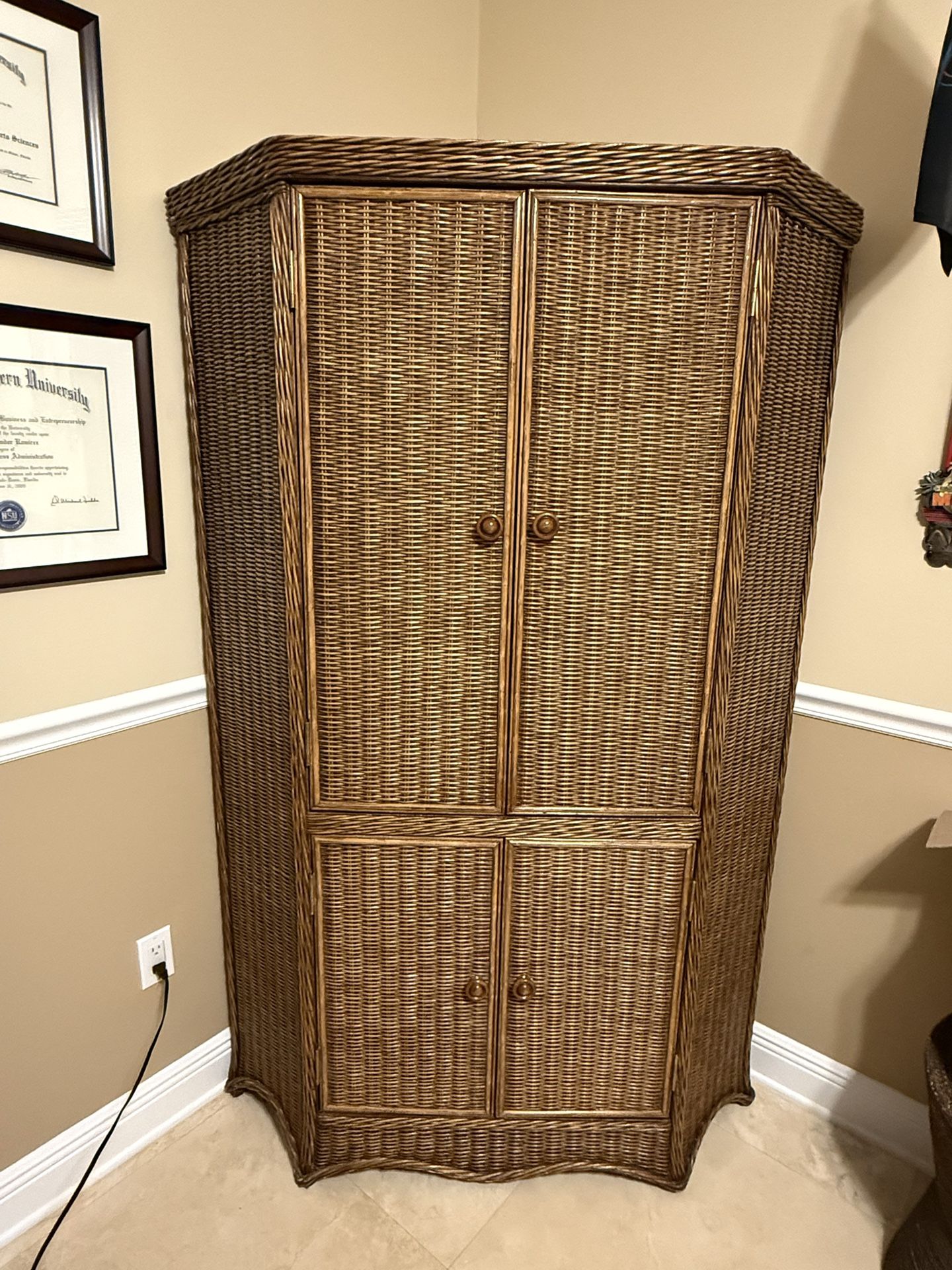 Rattan Corner Armoire w/ Computer Pull-Out – Excellent Condition