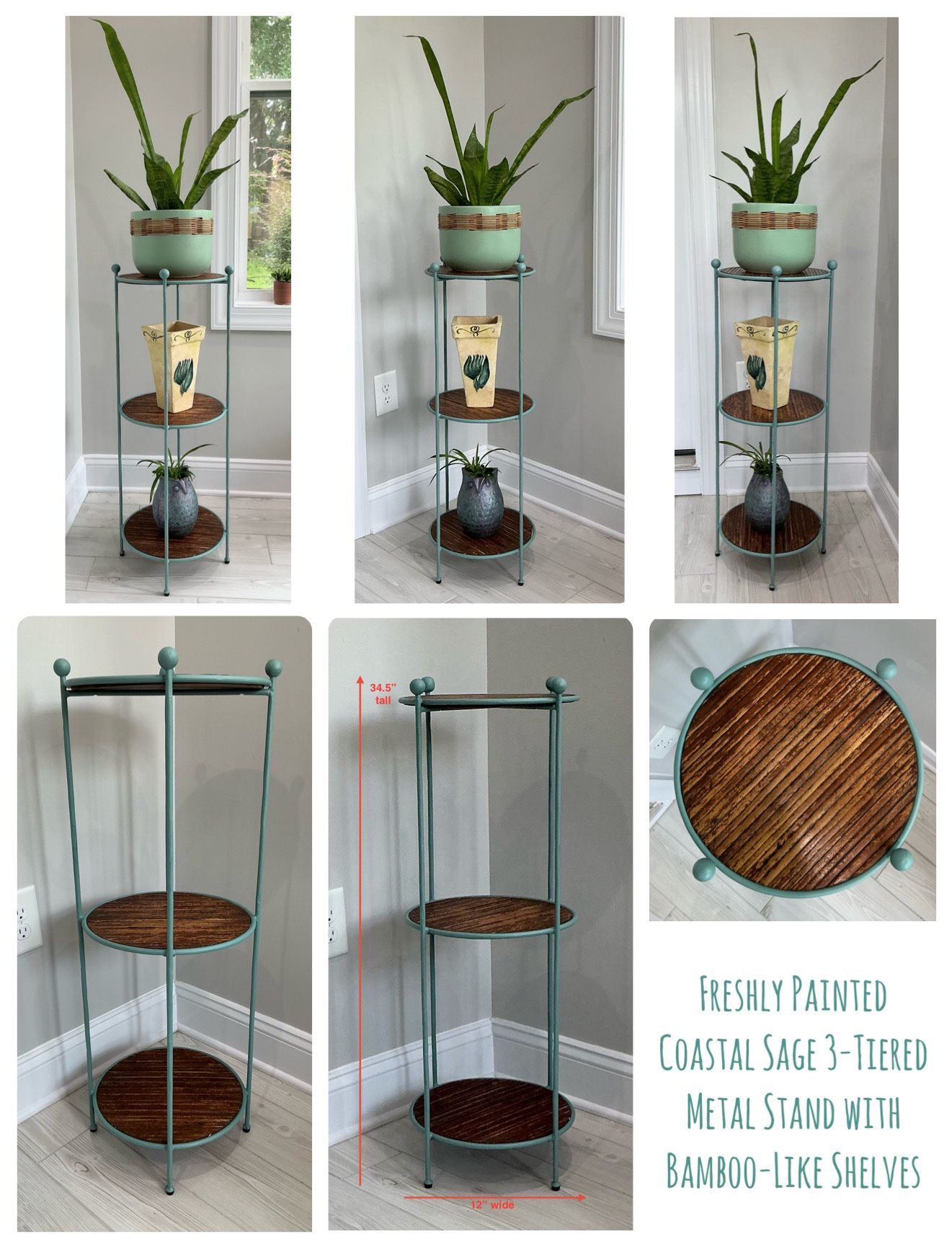 Freshly Painted Coastal Sage 3-Tiered Metal Stand with Bamboo-Like Shelves