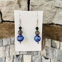 Cloisonné , Black Onyx And Porcelain Earrings
