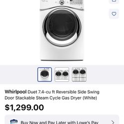NIB- Whirlpool Duet 7.4-cu ft Reversible Side Swing Door Stackable Steam Cycle Gas Dryer (White)