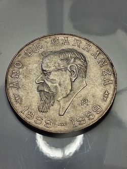 Mexico 1959 5 Pesos Cinco Pesos Año de Carranza Ley .720 Silver Coin