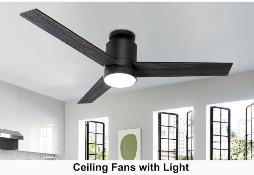  52 Inch Modern Black Ceiling Fan with Light andRemote Control - 3 Wood Blades LED Low Profile Ceiling Fan Light, 6 Speeds, Noiseless and Timing