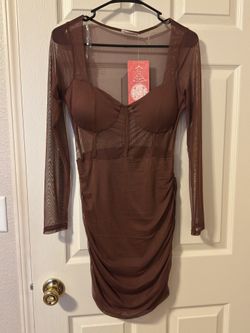 Brown mesh long sleeve dress 