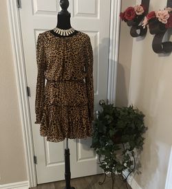 Leopard print long sleeve ruffle dress