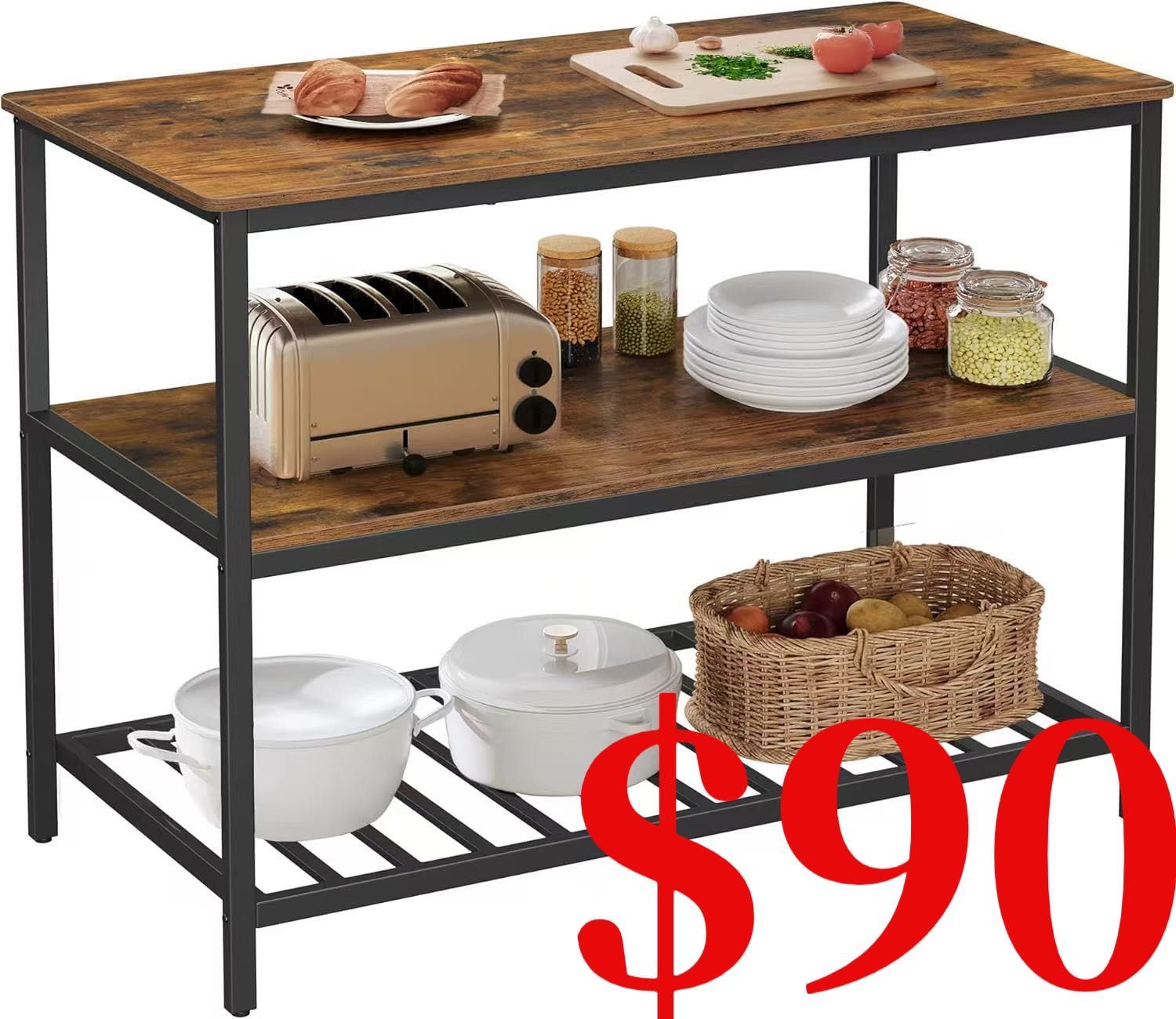 Kitchen Island with 3 Shelves, 47.2 Inches Width Kitchen Shelf with Large Worktop, Stable Steel Structure, Industrial
