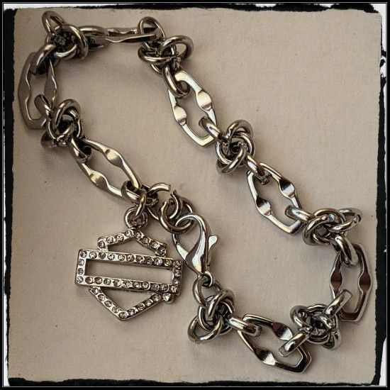 New Harley Davidson Motorcycles Rhinestone Bar And Shield Outline Charm Bracelet On Stainless Steel Lips Chain