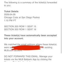 2 Padres vs Cubs Tickets - FRONT ROW Toyota Terrace VIP (4/29) 