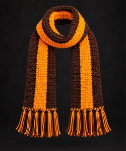 Brown and Orange Striped Crochet Scarf with Fringe