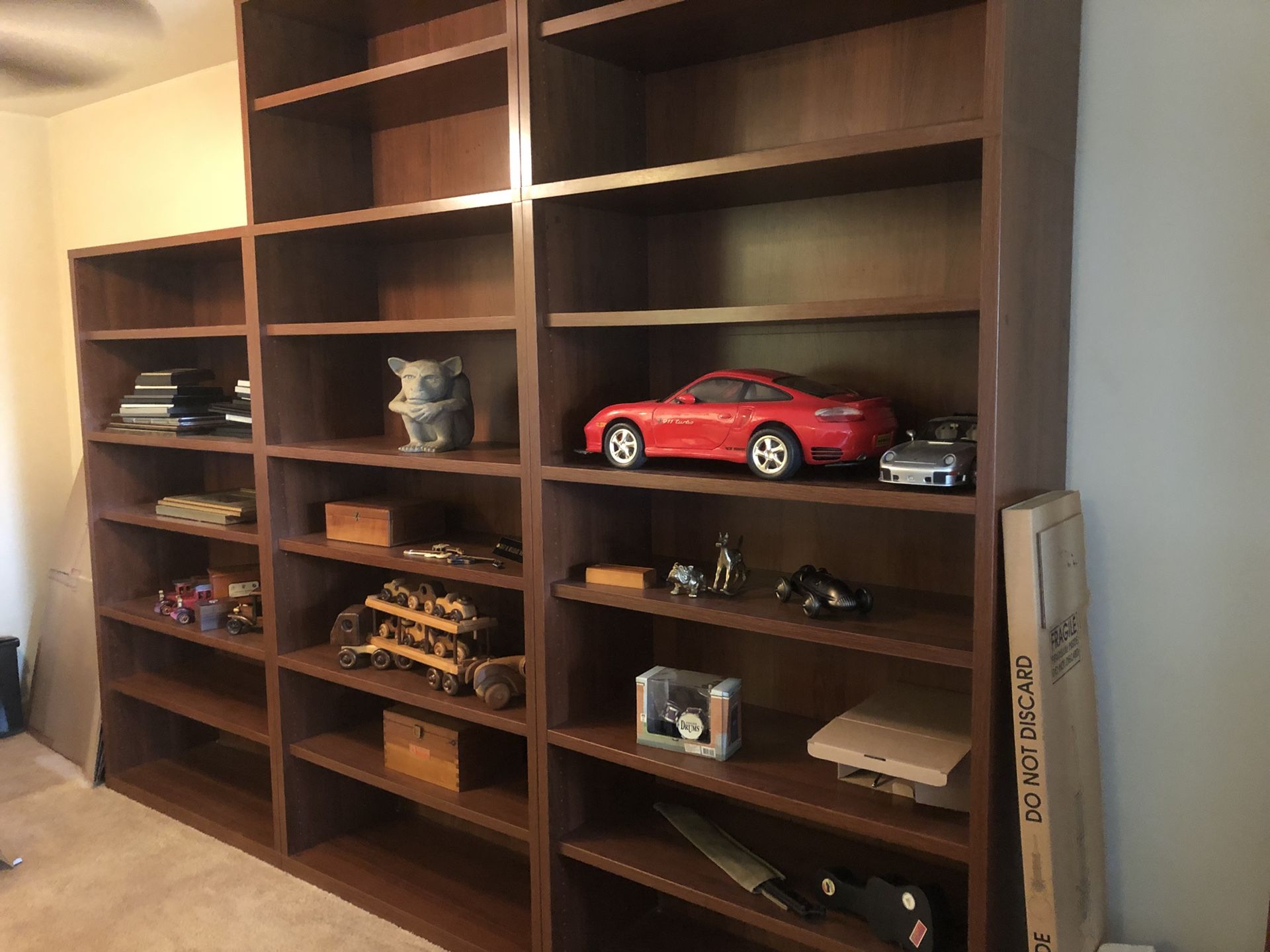 FREE-Set of 3 large IKEA Docent bookcases. Mahogany brown. $60 each or $150 for all 3. 93”tall x 38.5” wide x 15.5” deep.