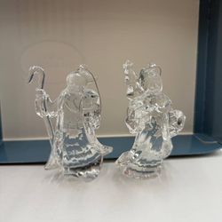 Set of 2 Clear Acrylic Glass Santa Figurine Ornaments – Shepherd & Tree – Vintage Style Holiday Decor