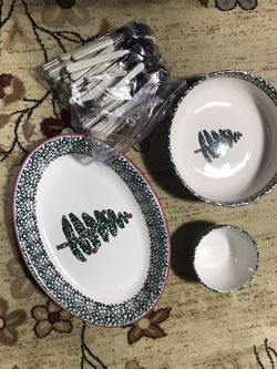 Christmas platter and bowls and silverware