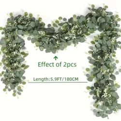 2 Pcs Of Lush 70.8" Faux Eucalyptus Garland With White Flowers - Perfect For Home & Holiday Decor, Wall Hanging, Yard, And Party Accents