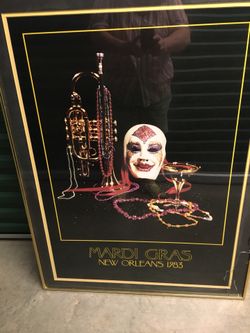 Large framed Mardi Gras pic, 1983. Small crack in glass in glass lower corner.
