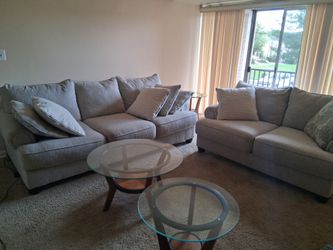 Beige Fabric Three-Seat Sofa with Pillows