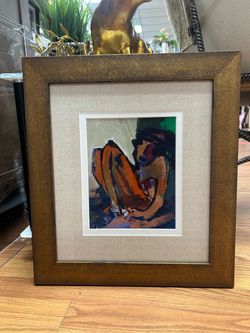 Hessam Abrishami abstract seated lady signed mixed media artwork 17x19