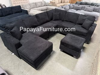 New Black Chenille Fabric Reversible Chaise Sectional Couch with Ottoman Large U Shape Sofa Set We Beat Bobs Discount Furniture Modern Designer Style 