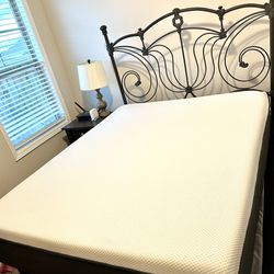 PENDING SALE-Queen bed frame with iron headboard, mattress and box spring 