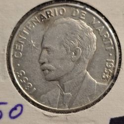 1853-1953 Centenario De Marti 50 Centavos Silver Coin 
