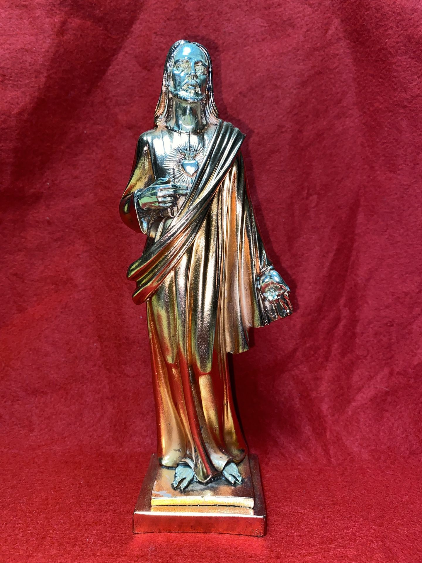 Vintage 10.25 Inch Tall x 2.75 Inch Base Silver & Copper Plated Alabaster Christ Statue Imported From Greece