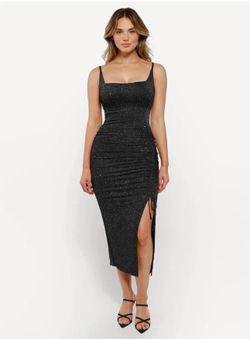 Popilush Shapewear Metallic Knit Bodycon Sculpting Midi Slip Dress
