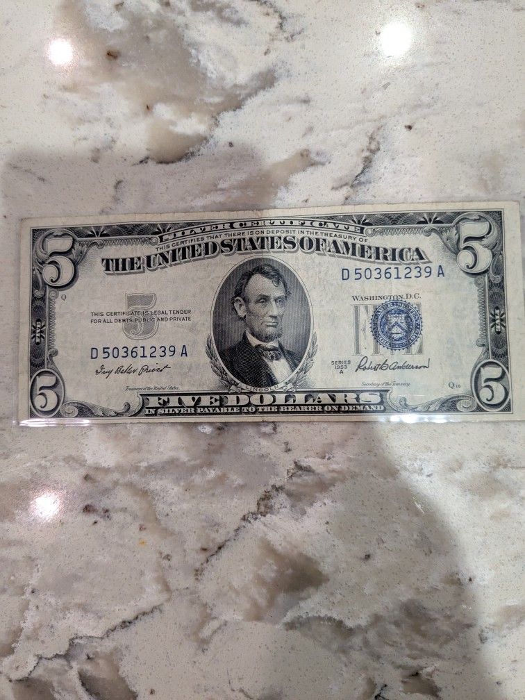 1953 $ 5 Dollar Bill Silver Certificate