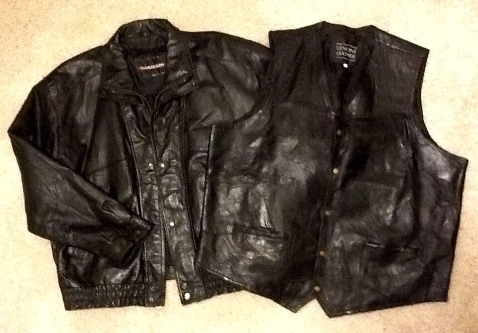 Men's Black Genuine Leather Motorcycle Riding Jacket 4XLT & Black Genuine Leather Vest 4XL