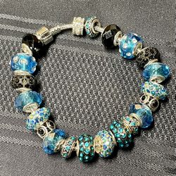 Sparkling Aqua Charm Bracelet with Rhinestone Beads