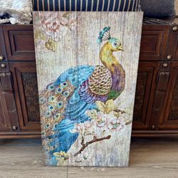 Rustic Peacock Print On Wood 