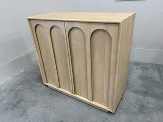 NEW! ARTICLE Prima MCM Style 37″ White Oak Finished Accent Cabinet with Beveled Arch Facade