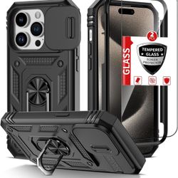 Case for iPhone 15 Pro Case Kickstand with 2 Tempered Glass Screen Protectors with Camera Cover&Magnetic Stand Ring Military Grade Drop Shockproof 