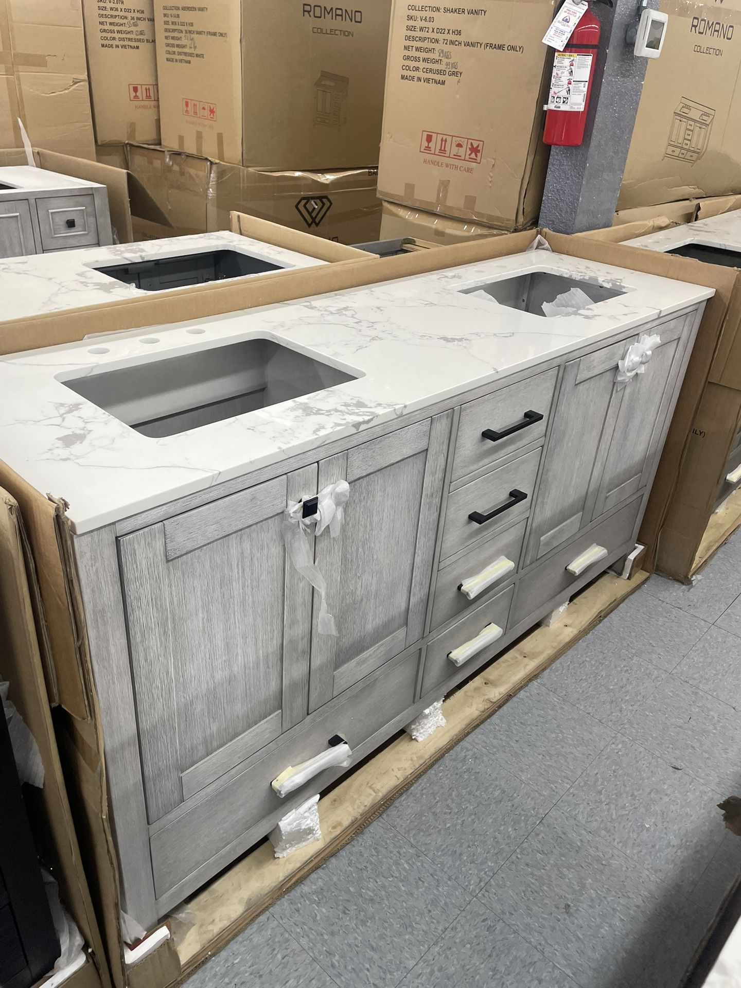 Bathroom vanity cabinet 72” solid mango Quartz top with sinks and backsplash 
