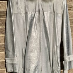 😍New Leather Hooded Women Parka With Real Fur M/L