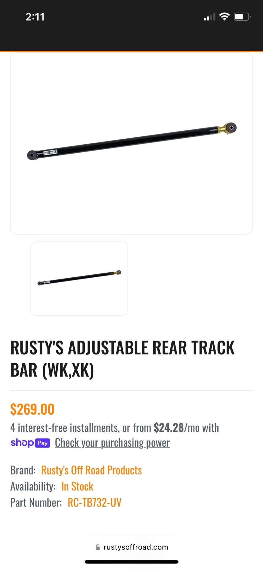 Rusty’s Adjustable Rear Track Bar For Jeep