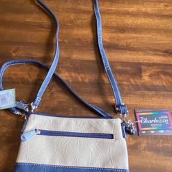 NWT Leather Versatile Post. Navy And Beige