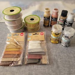 Lot of Crafting Supplies, Paint, Ribbon, Glitter