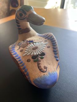 Vintage Tonala Mexican Folk Art Pottery, Signed and Hand-Painted Duck