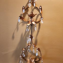 Vintage Hollywood Regency Midcentury Gold Gilt Metal & Glass Crystal Italian Florentine Candle Holder/Candelabra Lamp Sconces/Wall Art Decor