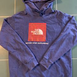 Blue North Face “Never Stop Exploring” Hoodie (Large)