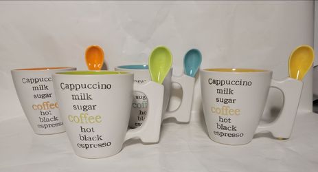 Vtg Station Casino Las Vegas 4 Coffee Mugs Integrated Ceramic SpoonsPromo Gift