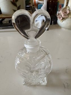 Vintage Clear Etched Glass Perfume Bottle with Heart Stopper
