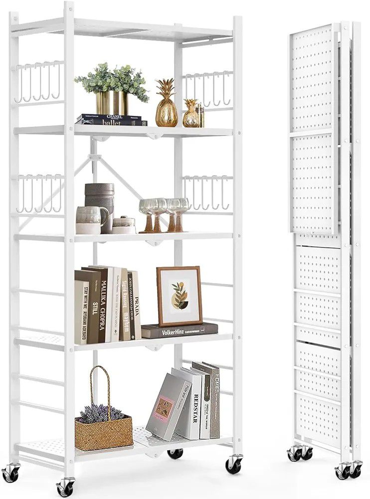 Storage Shelves with 20 Hooks, 5-Tier Foldable Shelves for Storage, Folding Shelf Unit Pantry Shelves with Wheels, Metal Shelving Storage Rack Shelf f