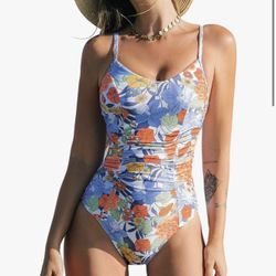 CUPSHE Women's One Piece Swimsuit V Neck Tummy Control Bathing Suit Crisscross Back Self Tie Ruched Swimwear