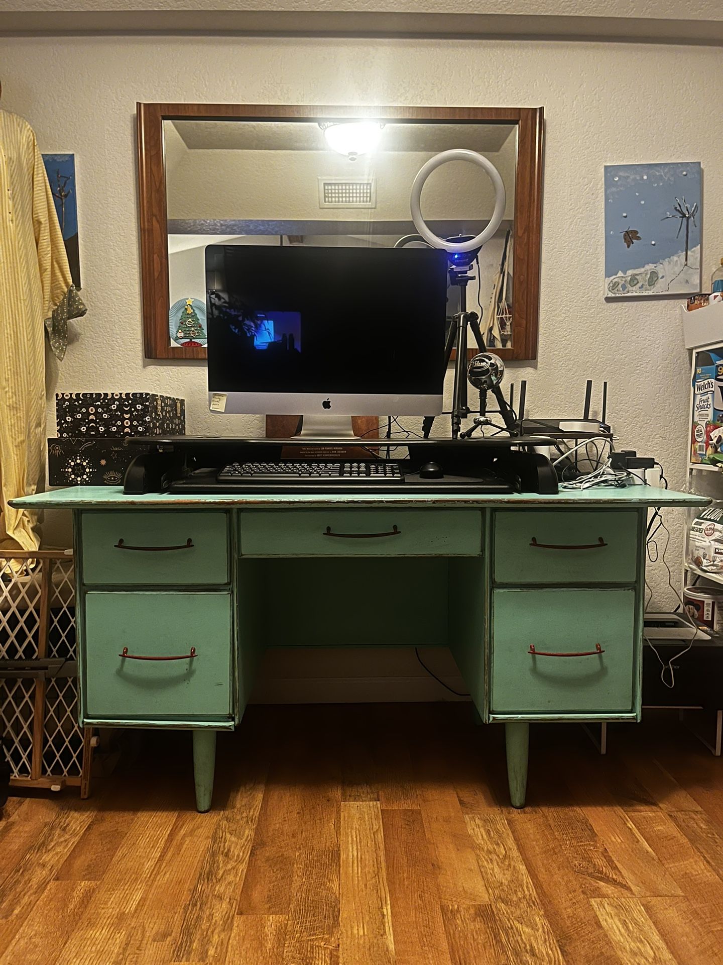 Teal Mid Century Modern Desk & Modern Black Stand Up