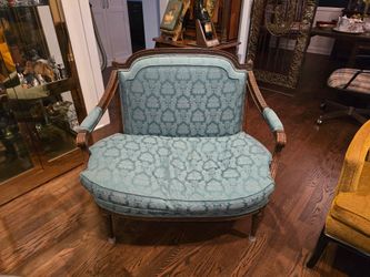 Vintage French Louis XVI Style Carved Walnut Settee / Loveseat – Teal Damask