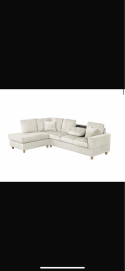 Beige Corduroy L-Shaped Sleeper Sectional Sofa w/ Pull-Out Bed, Storage Chaise & Drop-Down Cup Holder Table