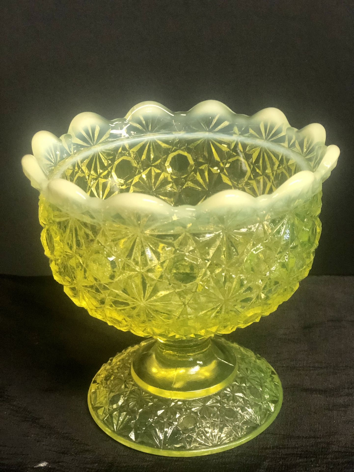 Vtg Fenton Topaz Opalescent Vaseline Hobnail Glass Daisy & Buttons Candy Dish