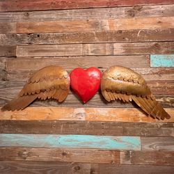 Large Wild at Heart Rustic Metal Copper Winged Flying Red Heart Wall Decor