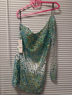 Sequin Embellished Sheer Mesh Mini Dress in Iridescent Aqua-Green