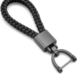 Matte Black Leather Woven Strap Braided Car Key Fob Chain w/360 Rotatable D-ring