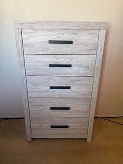 5-Drawer Tall Dresser Chest White Wash with Matching Nightstand